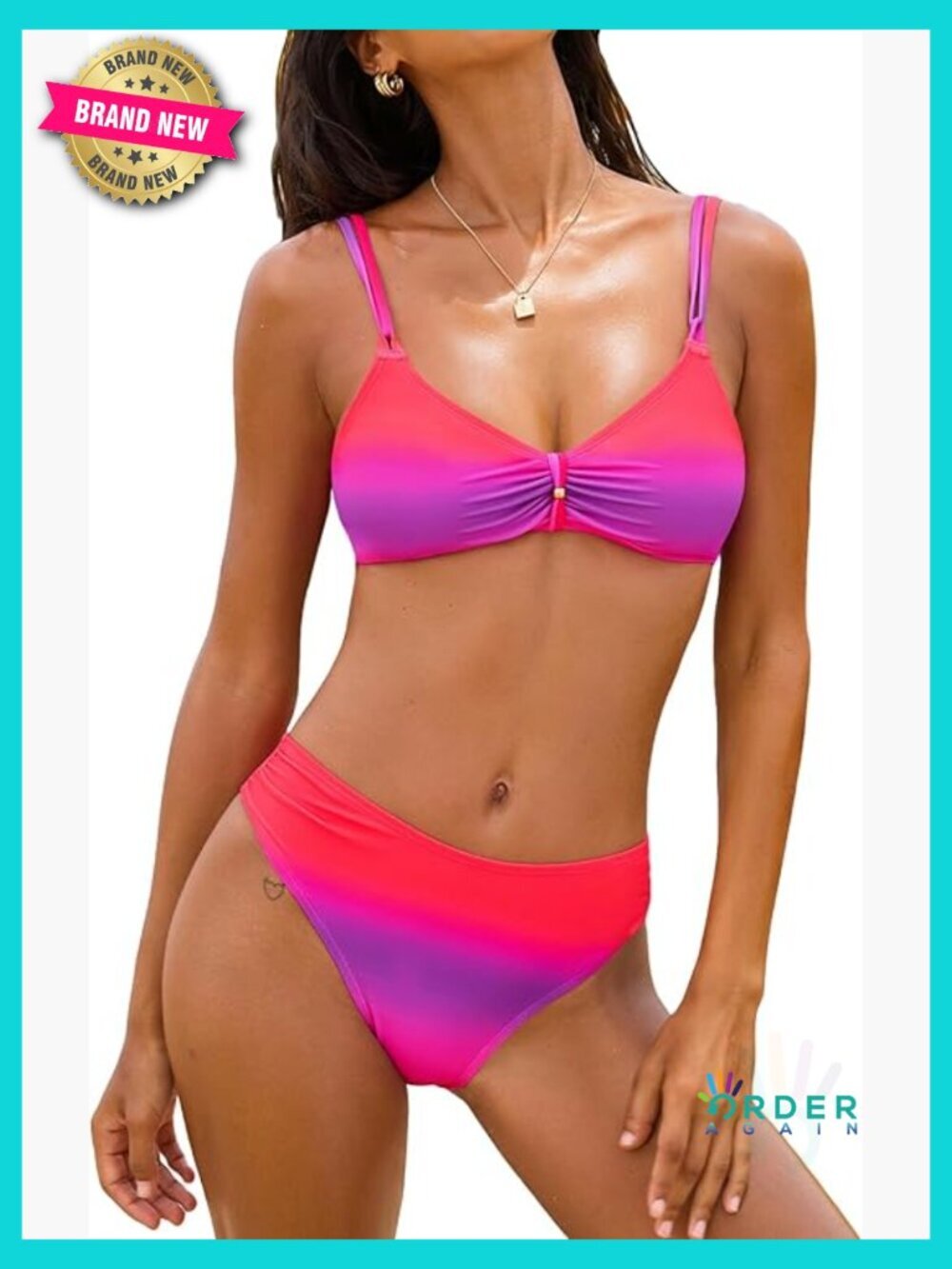 V Neck Ruched Bikini Set Two Piece Swimsuit with Adjustable Straps Back Hook